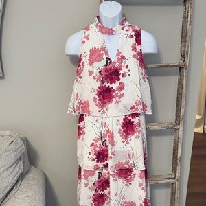 Peach Love Floral Sleeveless Dress with Pink and White Design